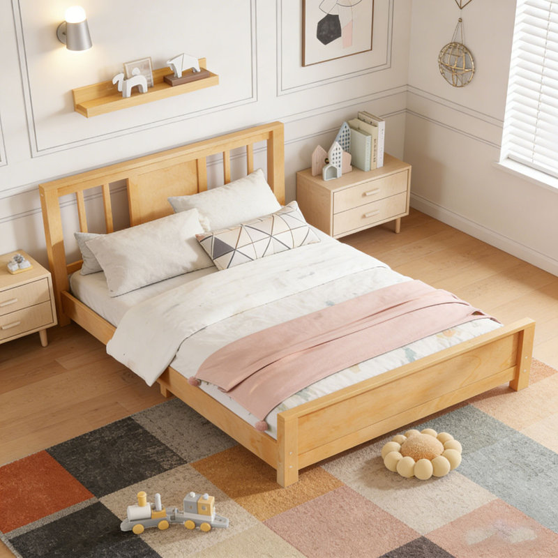 Twin Size Platform Bed Frame with Headboard, Solid Wood, Natural