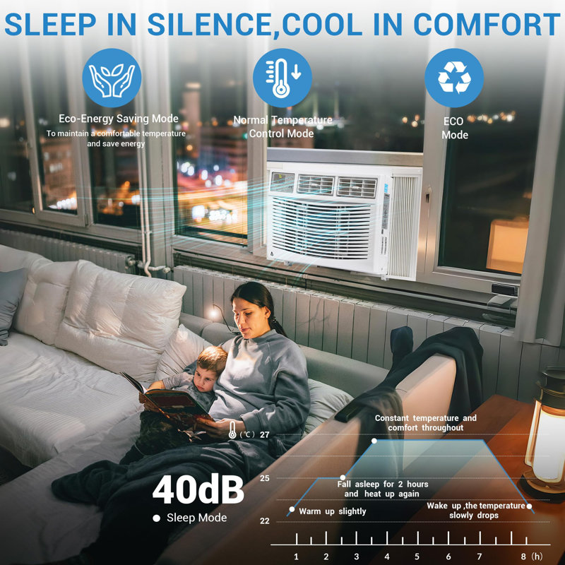 Climatiseur de fenêtre de 8 000 BTU avec télécommande, refroidit les pièces jusqu'à 350 pieds carrés, 3 vitesses de refroidissement et de ventilation, affichage numérique, trousse d'installation facile, pour la chambre à coucher, le bureau