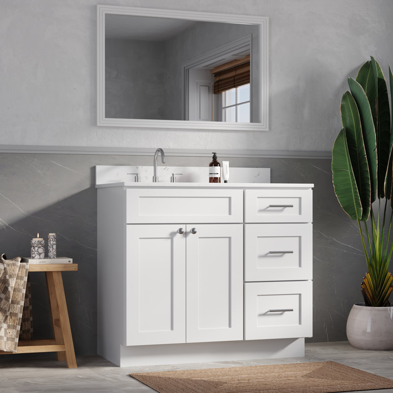 Disar 40'' Single Bathroom Vanity with Quartz Top, White, Left