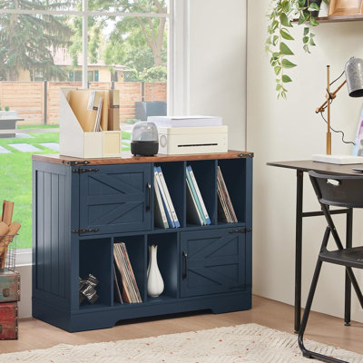 Large Record Player Stand With Vinyl Storage Up To 450 Albums, 39 Inch Farmhouse Wood Navy Blue Storage Cabinet With Barn Doors, Vintage Mid-Century T by Gracie Oaks