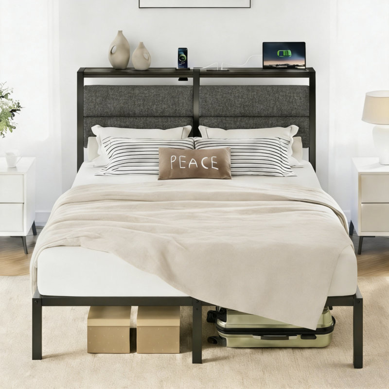 Cadre de lit avec tête de lit, lit plateforme en métal avec lumières DEL, prises de courant et rangement sous le lit, gris