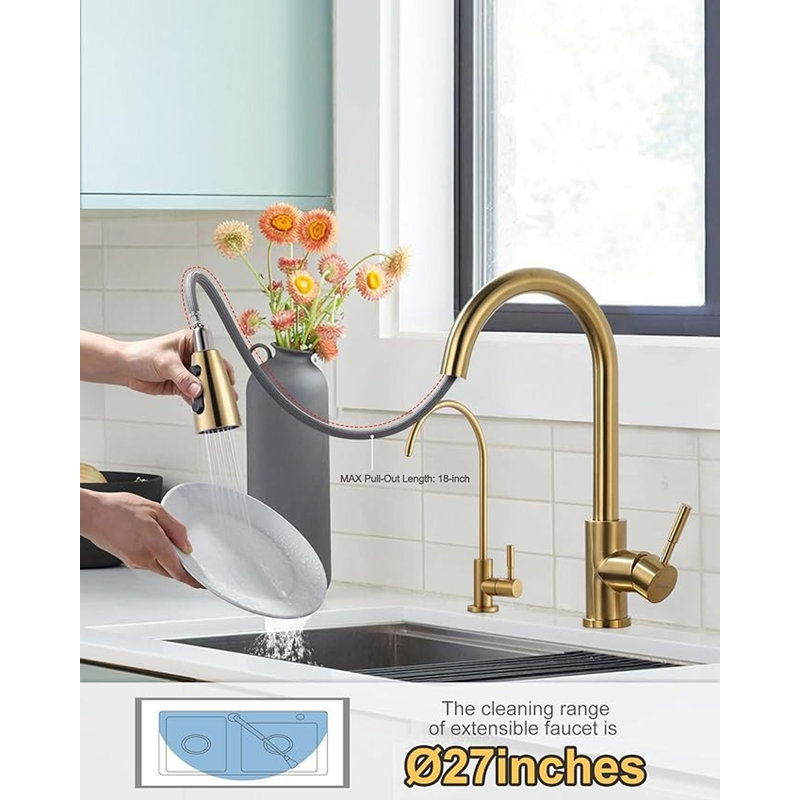 Brushed Gold Stainless Steel Kitchen Faucet with Pull-out Spray