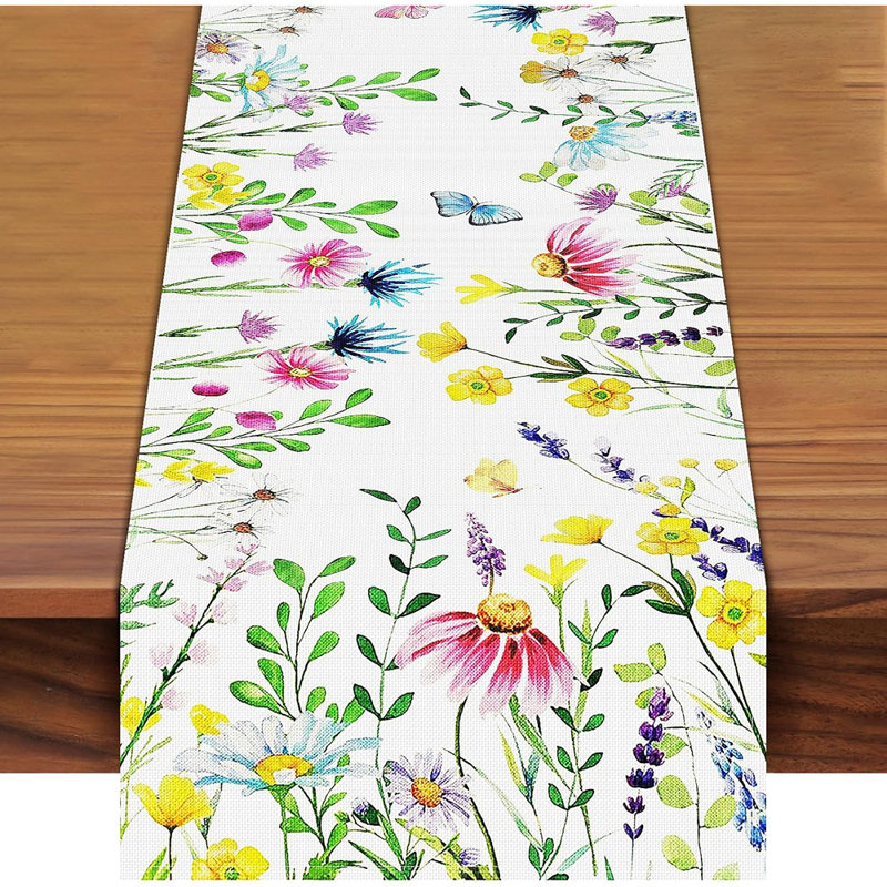 Chemin de table Wildflower & Butterfly - Multicolore - Décoration de maison et de fête en lin, printemps et été