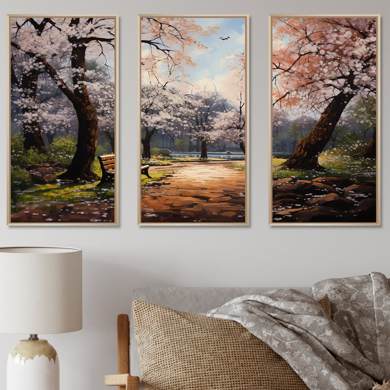 «Pink Springtime Park Floral Canopy II», art mural sur toile, H 28 po x l 36 po x P 1 po, Cadre flottant brun