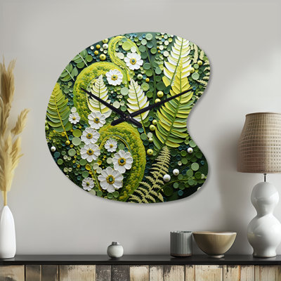 Light Green Ferns Plant Whimsical Spirals I - Ferns Unique Shape Metal Wall Clock, Modern Freeform Wall Clock Print