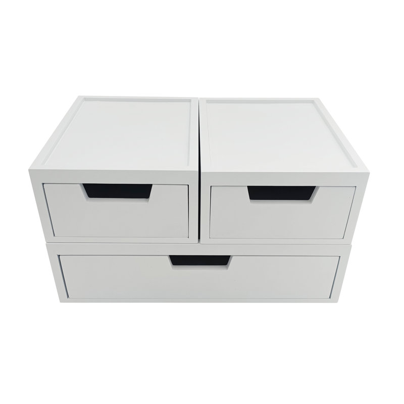 White Stackable Wooden Storage Boxes with Pullout Drawers, Set of 3