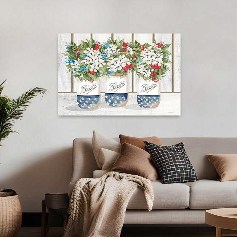 Art floral contemporain rouge, blanc et bleu, H 32 po x l 48 po