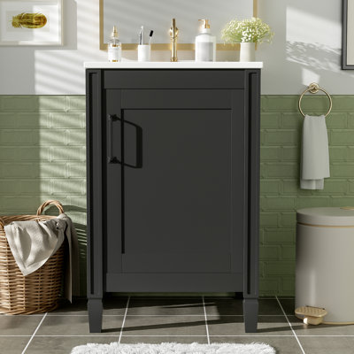 Meuble-lavabo noir autoportant de 20 po avec lavabo en céramique, étagère réglable en forme de U et double tablette sur la porte, portes à fermeture en douceur pour les tablettes de rangement de la porte d'installation, permettant d'économiser de l'espace