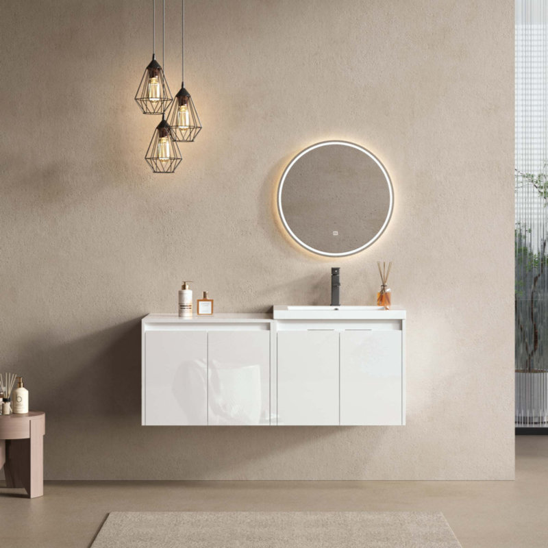 Meuble-lavabo de salle de bain avec lavabo en résine, portes à fermeture en douceur et armoire murale, conception à fixation flottante, contreplaqué