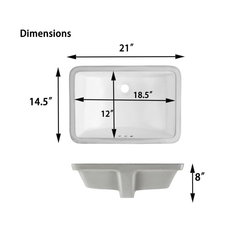 Lavabo de salle de bain rectangulaire encastré YINGZE, lavabo de meuble-lavabo sous le comptoir en céramique blanc de 21 pouces, meuble-lavabo rectangulaire moderne pour meuble-lavabo de salle de bain sous le comptoir