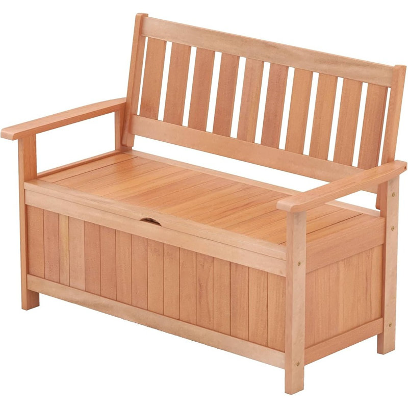 48-Inch Outdoor Wooden Storage Bench Deck Box, Loveseat Seating With 34.2-Gallon Storage Capacity, Slatted Backrest Bench For Garden, Lawn, Balcony, Or Porch