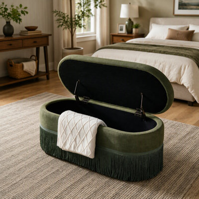 Repose-pieds ovale rembourré avec rangement à franges et couvercle relevable - L 39 po x l 16 po x H 17 po, repose-pieds multifonctionnel et rangement caché pour le salon ou la chambre à coucher - Tissu vert avec structure en métal