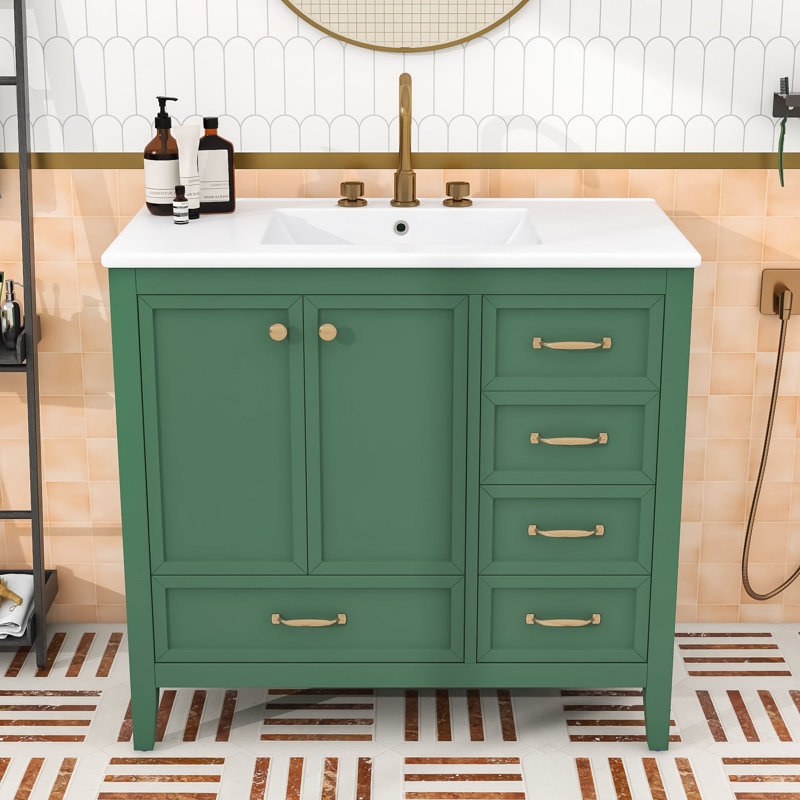 Meuble-lavabo élégant avec lavabo et tiroirs de rangement à fermeture en douceur, Vert