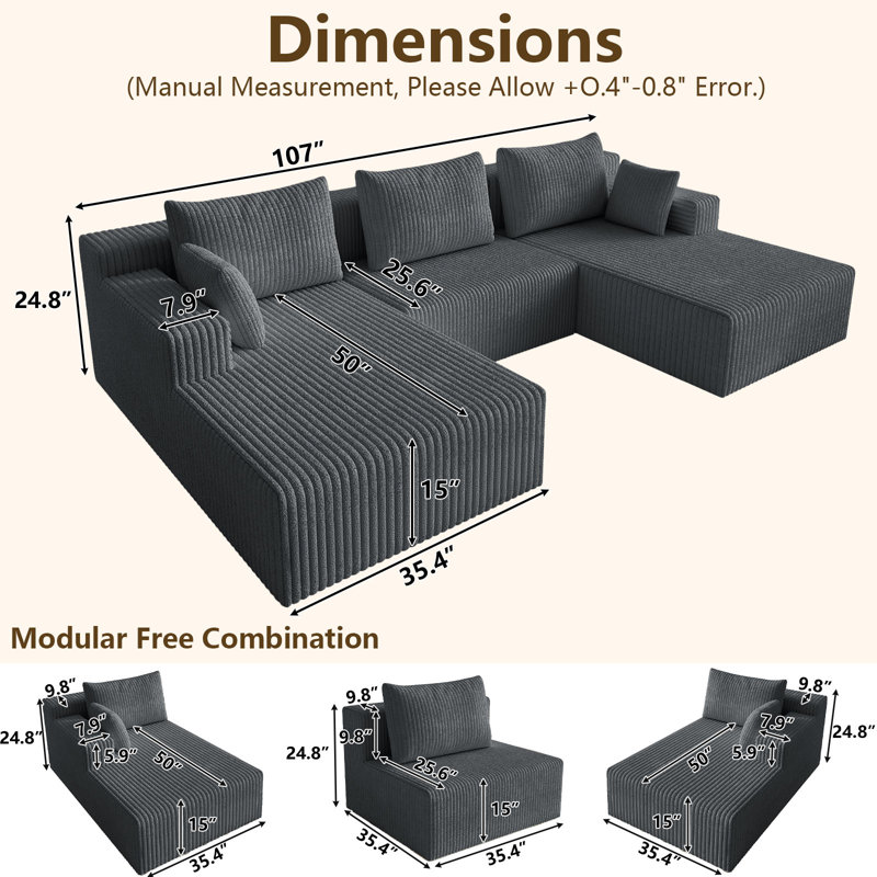 107" U-Shape Cloud Couch, Modern Modular Sectional Boneless Cloud Couch for Living Room, Deep Seat Sleeper Chaise Longue for Living Room, No Assembly Required