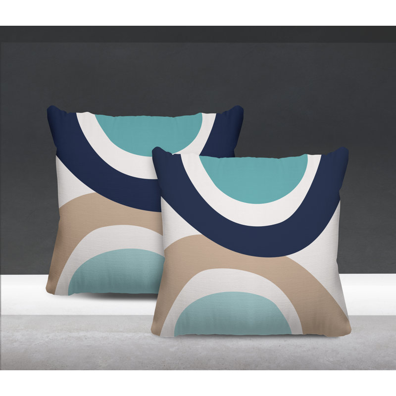 Jeté carré en polyester / mélange de polyester intérieur / extérieur, L 15 po x H 15 po, Turquoise / bleu marine / beige