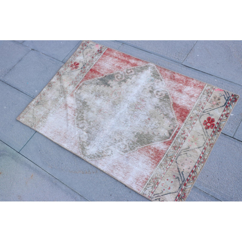Vintage Turkish Anatolian Hand-Knotted Rug - Small Bohemian Bath Mat in Faded Red for Entryway