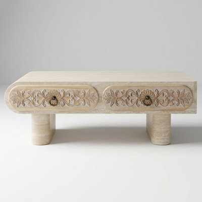 Rounded Edge Coffee Table with Floral Pattern Solid Wood Drawer