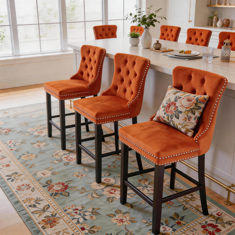 Contemporary Counter Height Velvet Bar Stools (Set of 8), Orange
