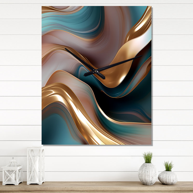 Or liquide et turquoise Tender Wave Harmony - formes abstraites très grandes horloges murales, Grand
