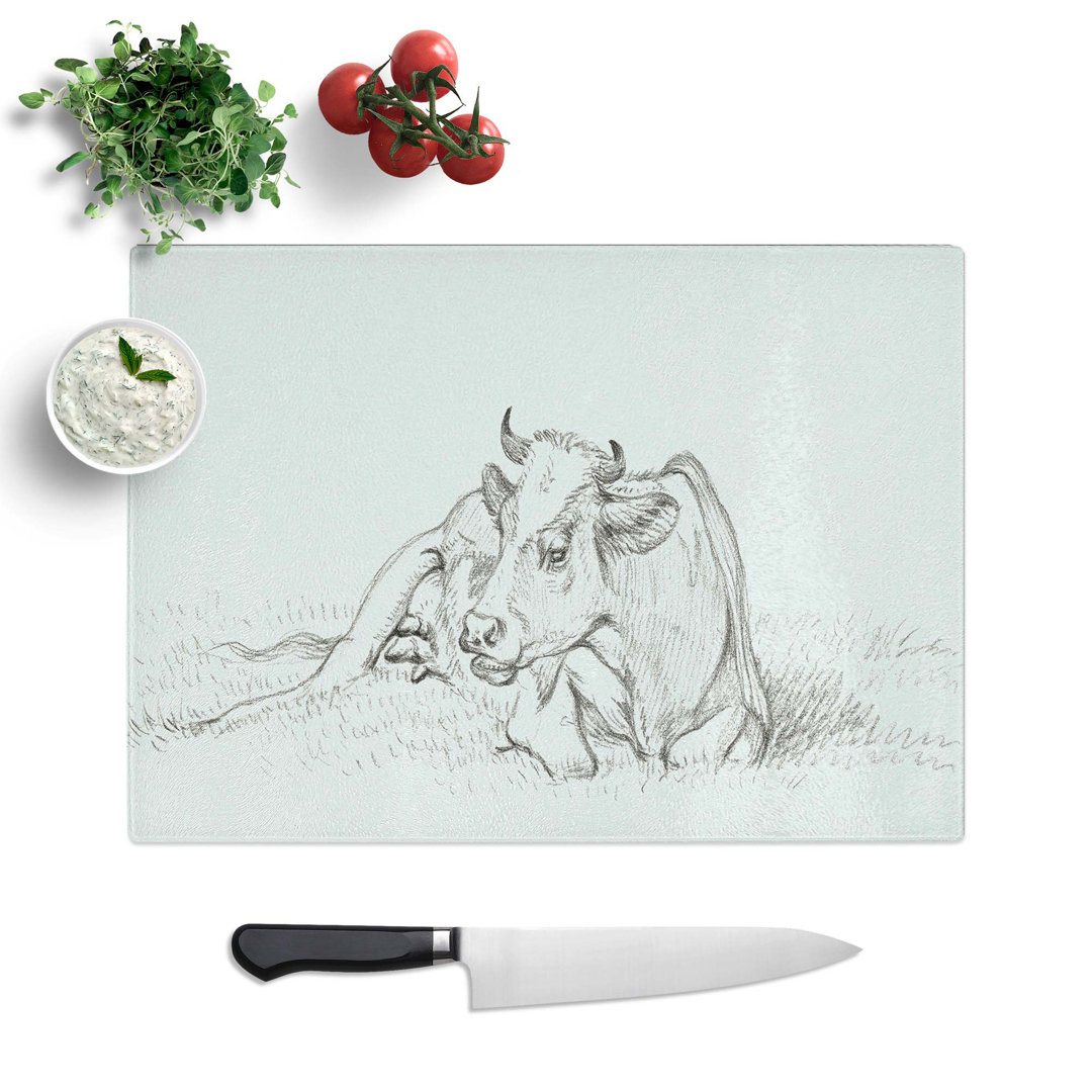 Tempered Glass Sketch of a Resting Cow by Jean Bernard Chopping Board