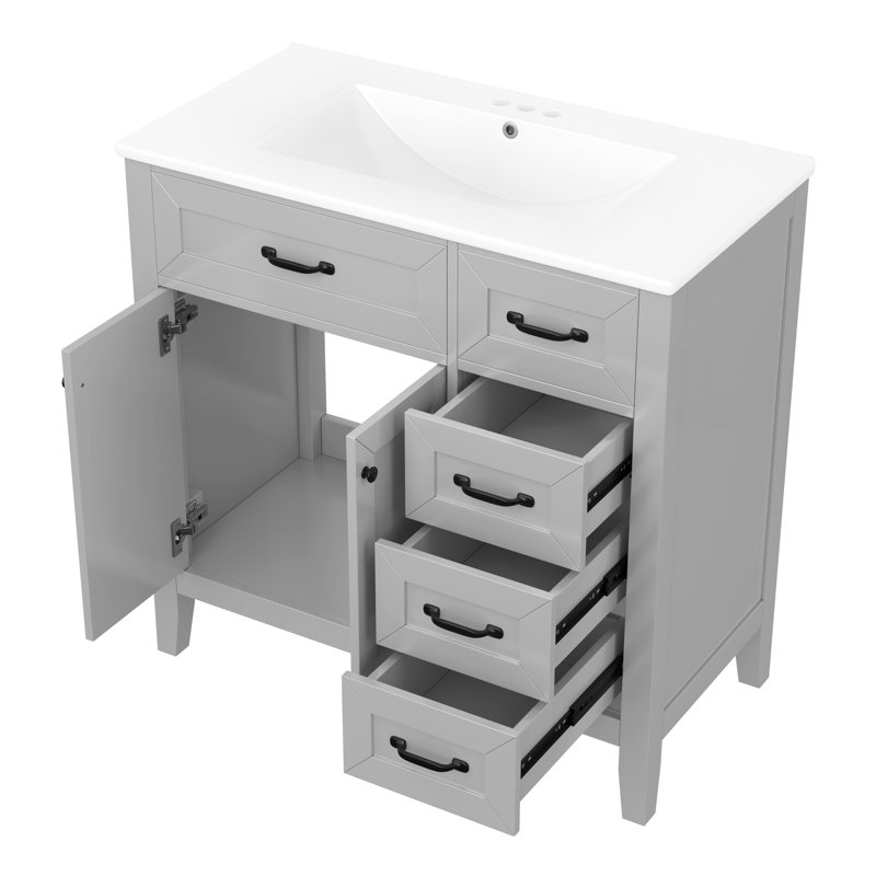 Meuble-lavabo de 36 po avec lavabo en céramique, armoire grise, structure en bois massif, fabrication et grands tiroirs pour les pièces de rangement,