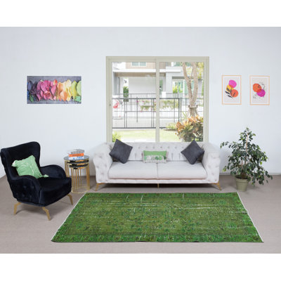 Tapis turc de 5,4 pi x 8,8 pi fabriqué à la main en vert, tapis moderne recyclé
