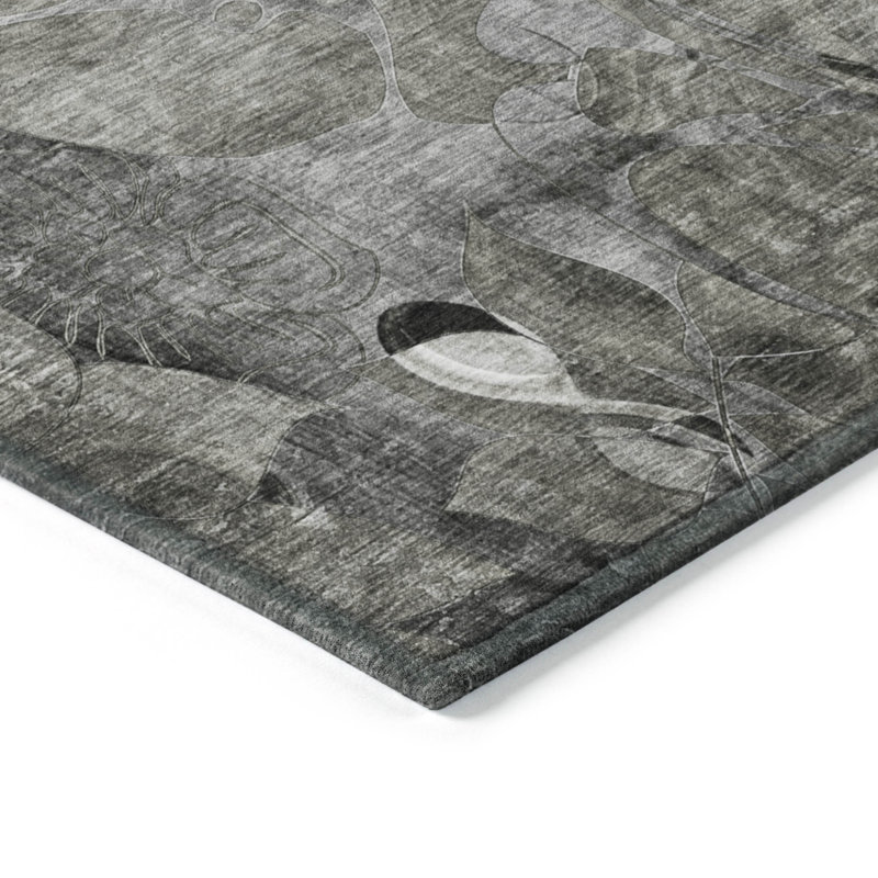 2' X 3' Grey Floral Washable Non Skid Indoor Outdoor Area Rug