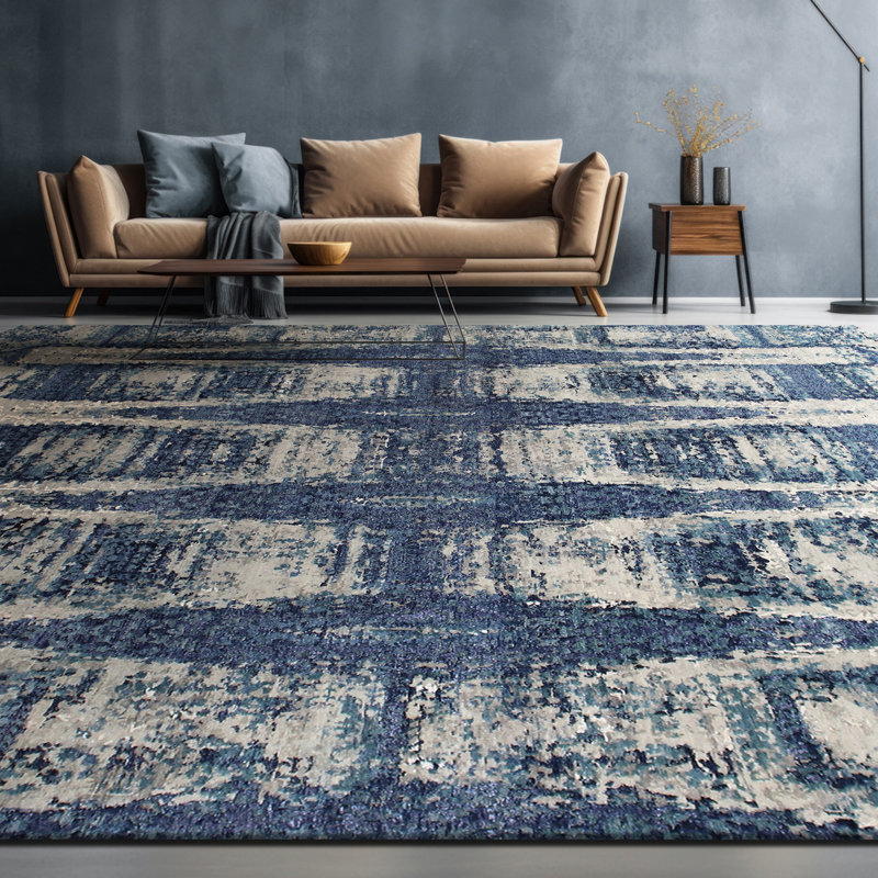 Tapis bleu marine et argent noué à la main de haute qualité, Rectangle 8 pi x 10 pi