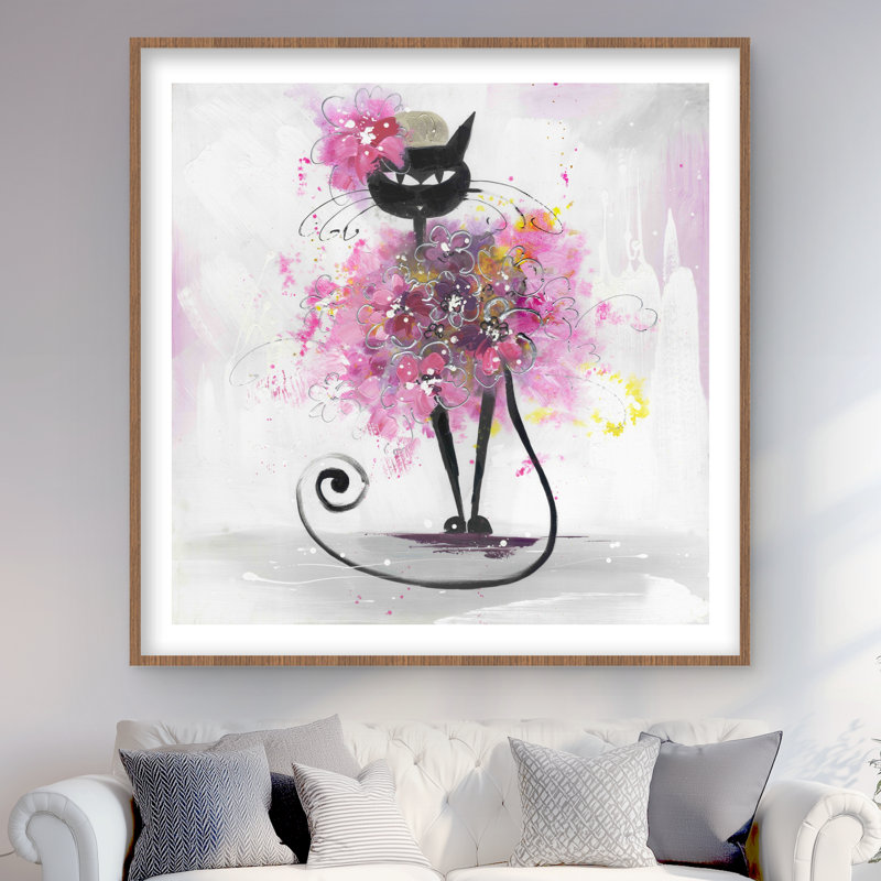 Caricature de chat avec fleurs roses - décor imprimé félin