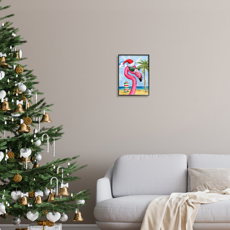 Flamant de Noël tropical par Paul Brent, H 14 po x l 11 po x P 1,5 po, Giclée encadrée noir minuit
