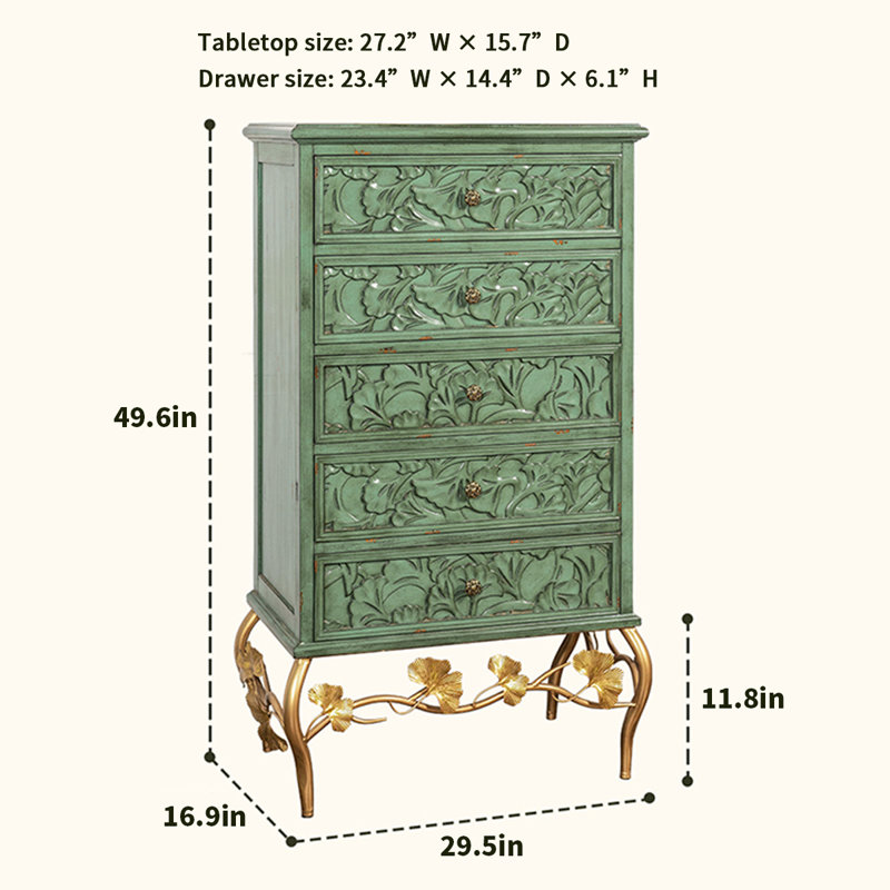 Vintage-Inspired Ginkgo Leaf Carved Accent Chest