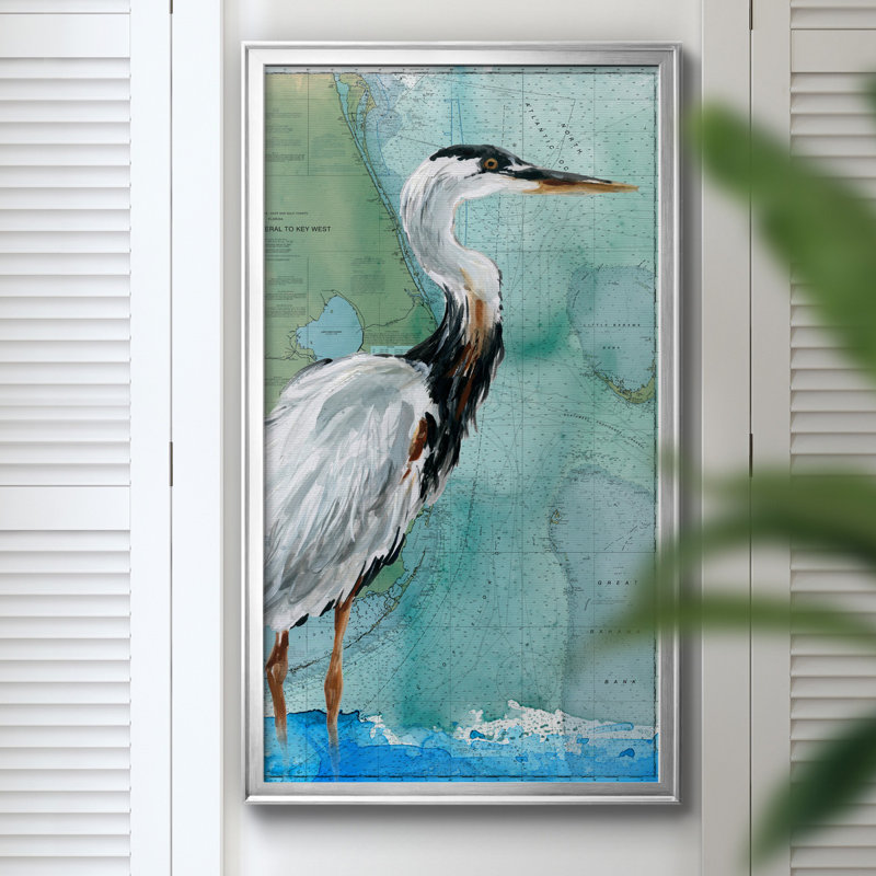 Key West Crane - peinture sur toile encadrée, H 22,5 po x l 42,5 po x P 1,5 po, Cadre argenté