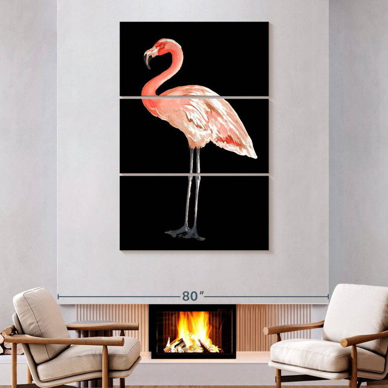 Flamant rose sur fond noir, H 74 po x l 48 po