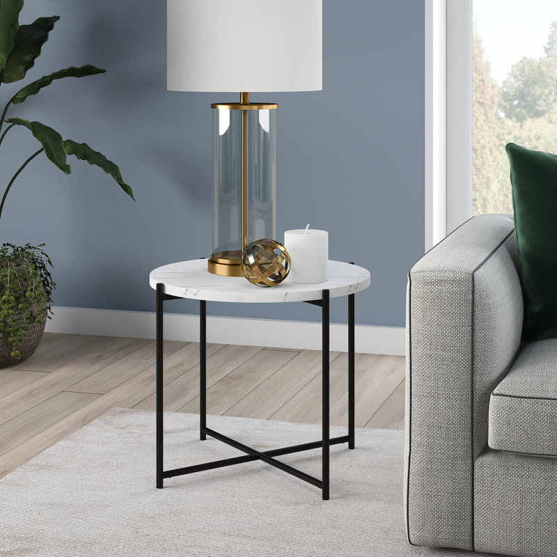 Table de bout en faux marbre Tamu, Blanc