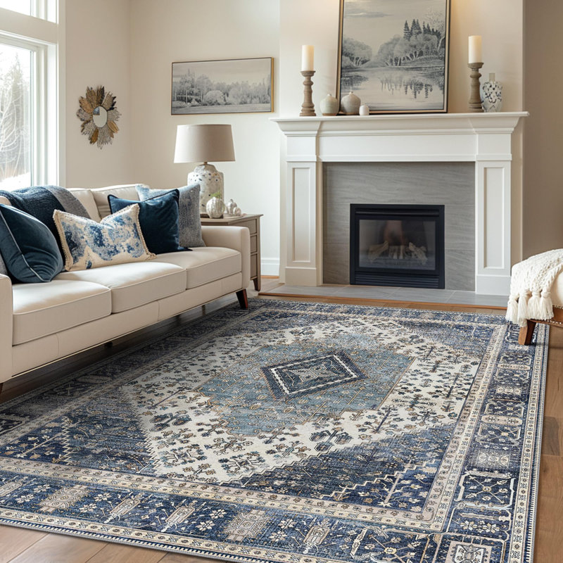 Oriental Machine Washable Blue Area Rug, Rectangle 80 x 150 cm