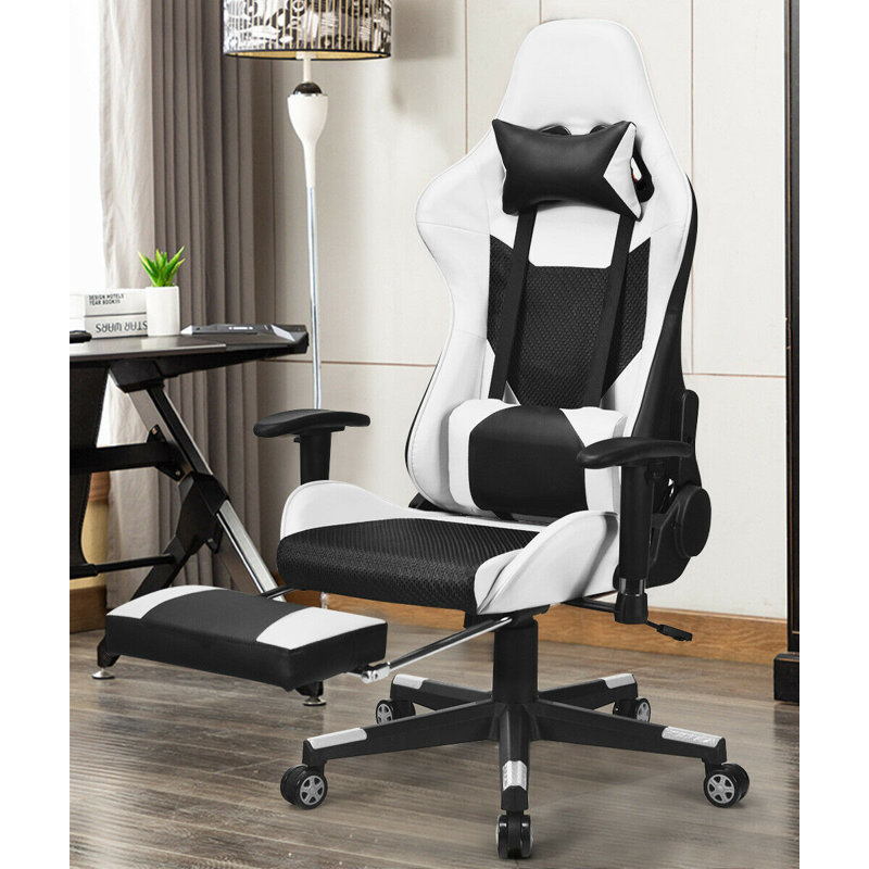 Fauteuil de jeu de massage pour pc et course, Blanc / Noir