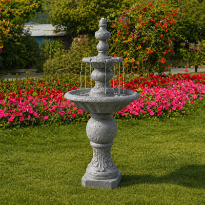 Fontaine à piédestal d'extérieur classique à 2 niveaux Plourde avec débit réglable, bassin peu profond et conception résistante aux intempéries