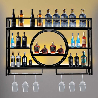 Metal Wine Rack Wall Mounted With LED Light, 3-Tier Bar Liquor Shelf With Wine Glass Holder, Modern Large Capacity Liquor Bottle Display Storage Shelf