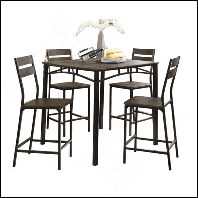 Black Metal Frame Counter Height Dining 5Pc Set Wooden Set Table Top Counter Height Dining Table 4X High Chairs Dining Room