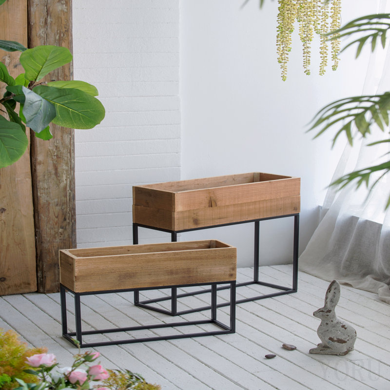 Ensemble de 2 boîtes en bois usagées avec support en fer noir, L: 21,5 x 8,5 x 23,5 po: 19,5 x 6,5 x 16 po