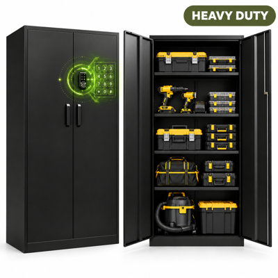 Bizoe 72 Inch Tall Keypad Metal Storage Cabinet with Digital Code Lock, 4 Adjustable Shelves 150 lb Capacity, Powder Coated Steel Frame, Quiet Close Doors, Wall Mount Anchor, for Garage Office and Utility Room, Black