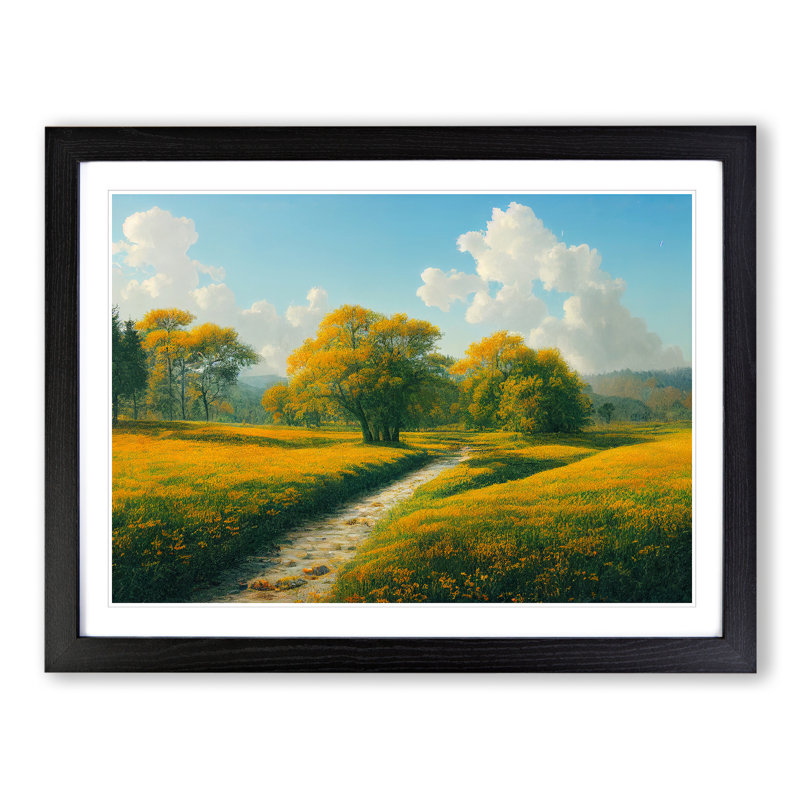 Traditional Spring Meadow Landscape - Single Picture Frame Print, 46cm H x 64cm W x 2cm D, Black Framed