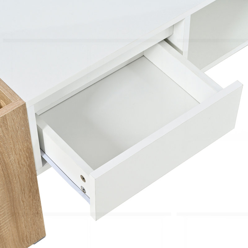 High Glossy Coffee Table with 2 Drawers, White/Natural