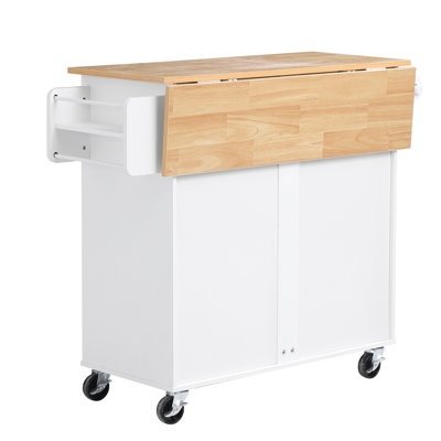 Îlot de cuisine avec rangement, îlot de rangement mobile sur roulettes pivotant de 42,28 po de largeur, avec tiroir, armoire de rangement, abattant, étagère à épices, table pour la salle à manger, blanc