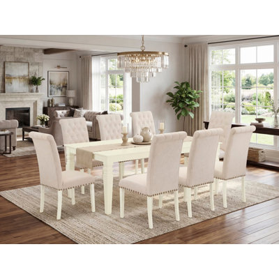 Ensemble de salle à manger 9 pièces comprenant une table de cuisine rectangulaire avec rallonge papillon et 8 chaises rembourrées en lin beige clair, lin blanc