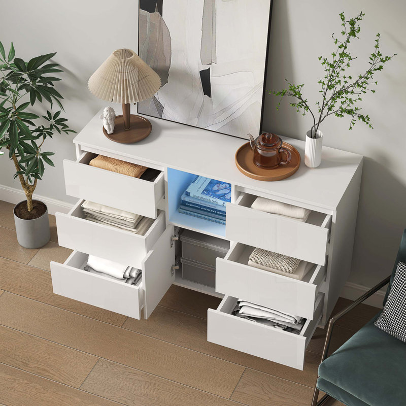 Modern White Gloss Sideboard Cabinet With Advanced Storage And LED Lights
