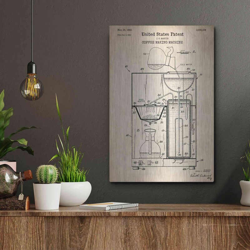 «Coffee Machine Blueprint Brevet Parchment» par Luxe Metal Portfolio, H 16 po x l 12 po