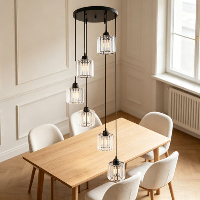 Modern 8-Light Crystal Chandelier For High Ceilings, Adjustable Long Pendant Light Fixture With Stainless Steel Frame For Entryway, Foyer, And Spiral Staircases