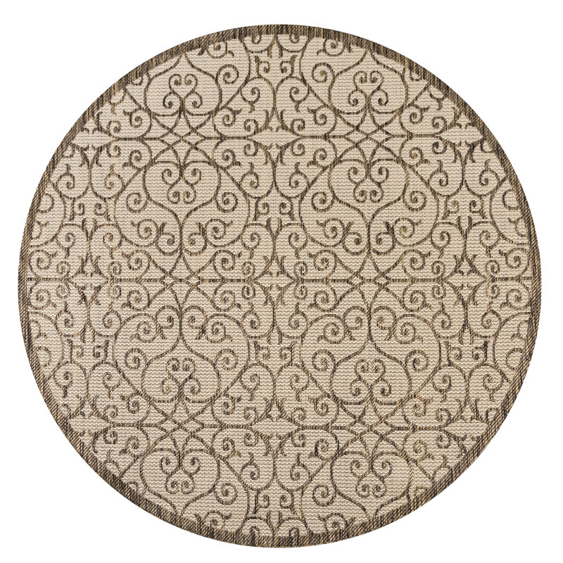 Haggerty Vintage Filigree Textured Weave Beige/Brown Indoor/Outdoor Rug, Round 5'3"