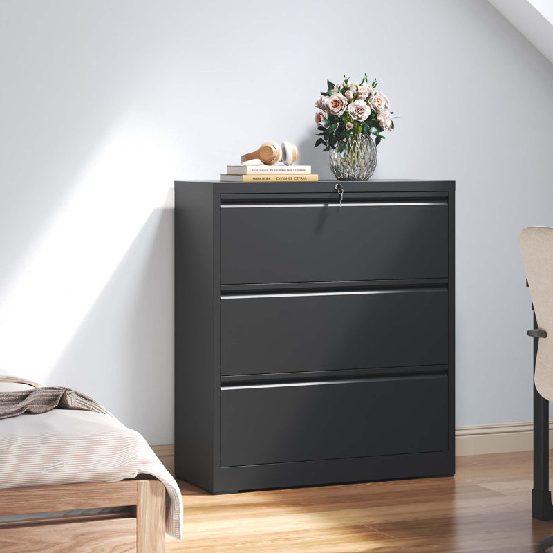 Black Steel 3-Drawer Lockable Lateral Filing Cabinet